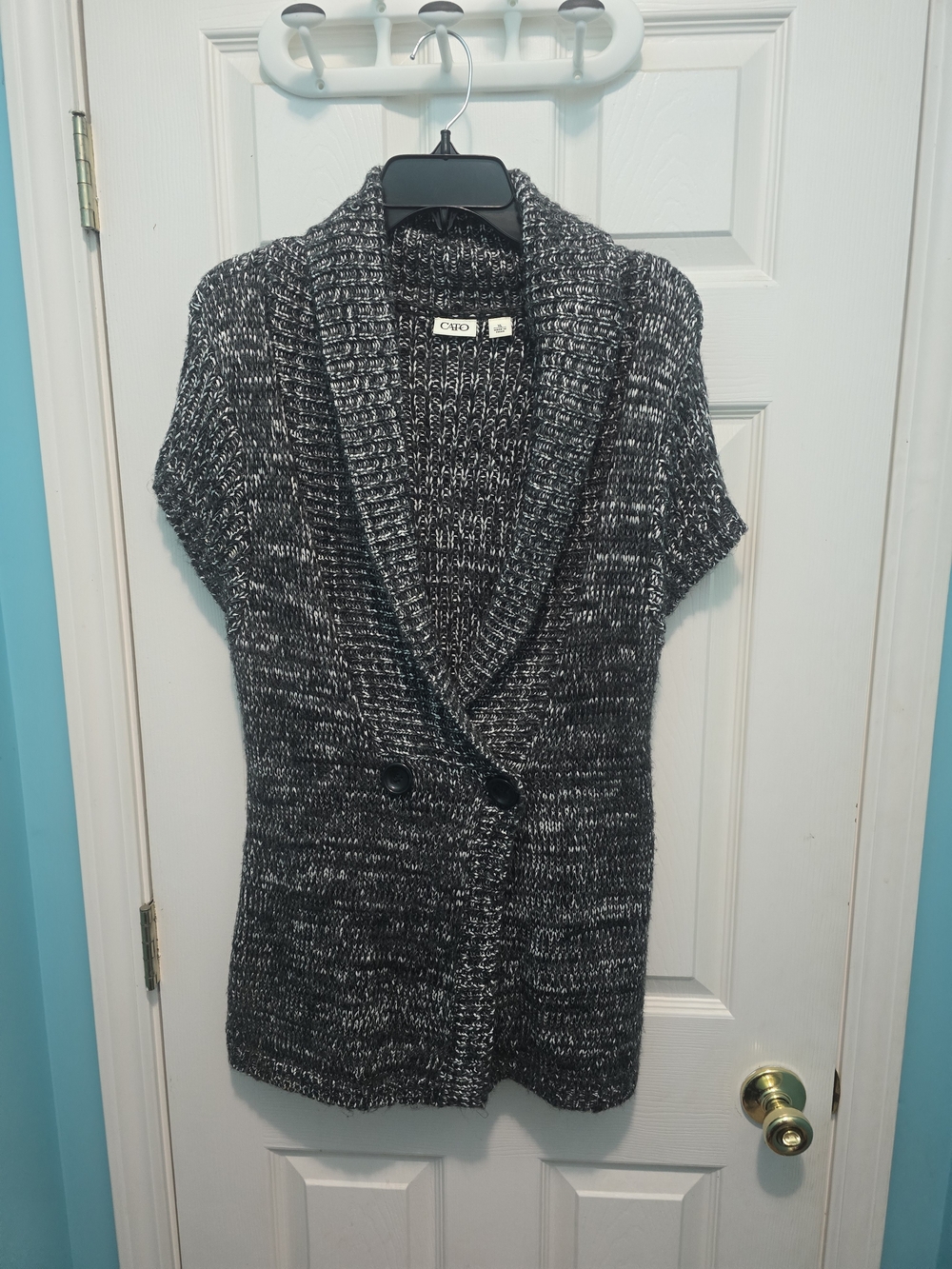 Cato Black & White Marled Shawl-Collar Short-Sleeve Cardigan